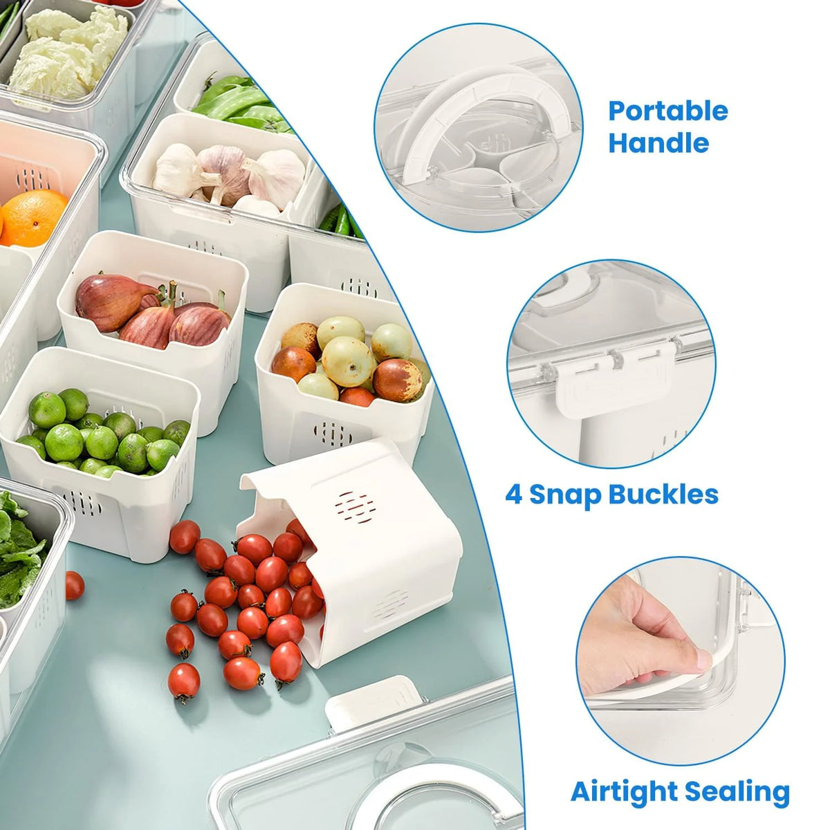 2Pack Airtight Fruit Storage Containers 4 Compartment Food Storage Containers Fruit Vegetable Organizers with 8 Removable Colanders for Fridge Picnic
