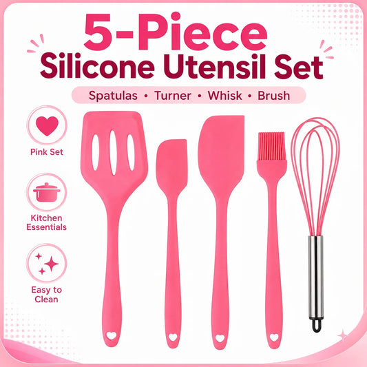 5-Piece Silicone Kitchen Utensil Set — Spatula, Turner, Whisk & Brush