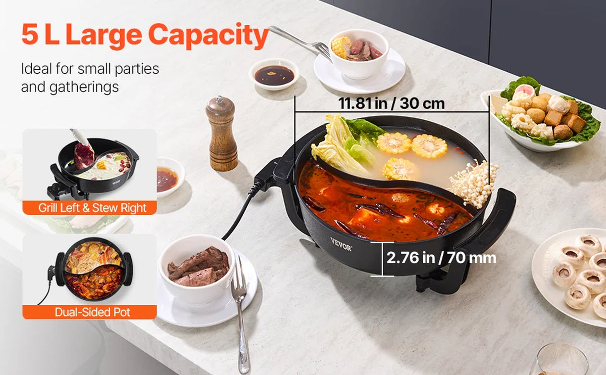 Succebuy Electric Hot Pot 5 L Double-Flavor Shabu Shabu Pot Non-Stick Electric Cooker with Divider Glass Lid for 6-10 People