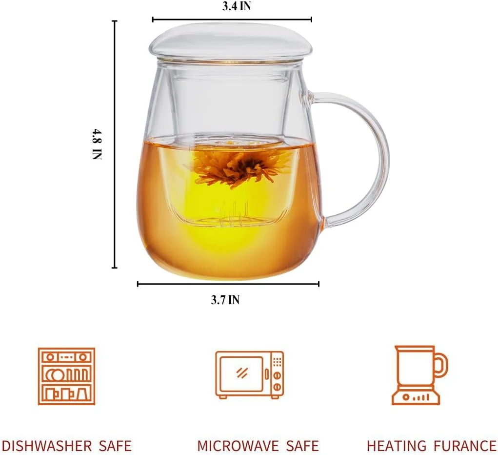 Glass Tea Cup with Infuser & Lid, 17.6 Oz Borosilicate Glass Steeping Mug for Loose Leaf & Blooming Tea, C500