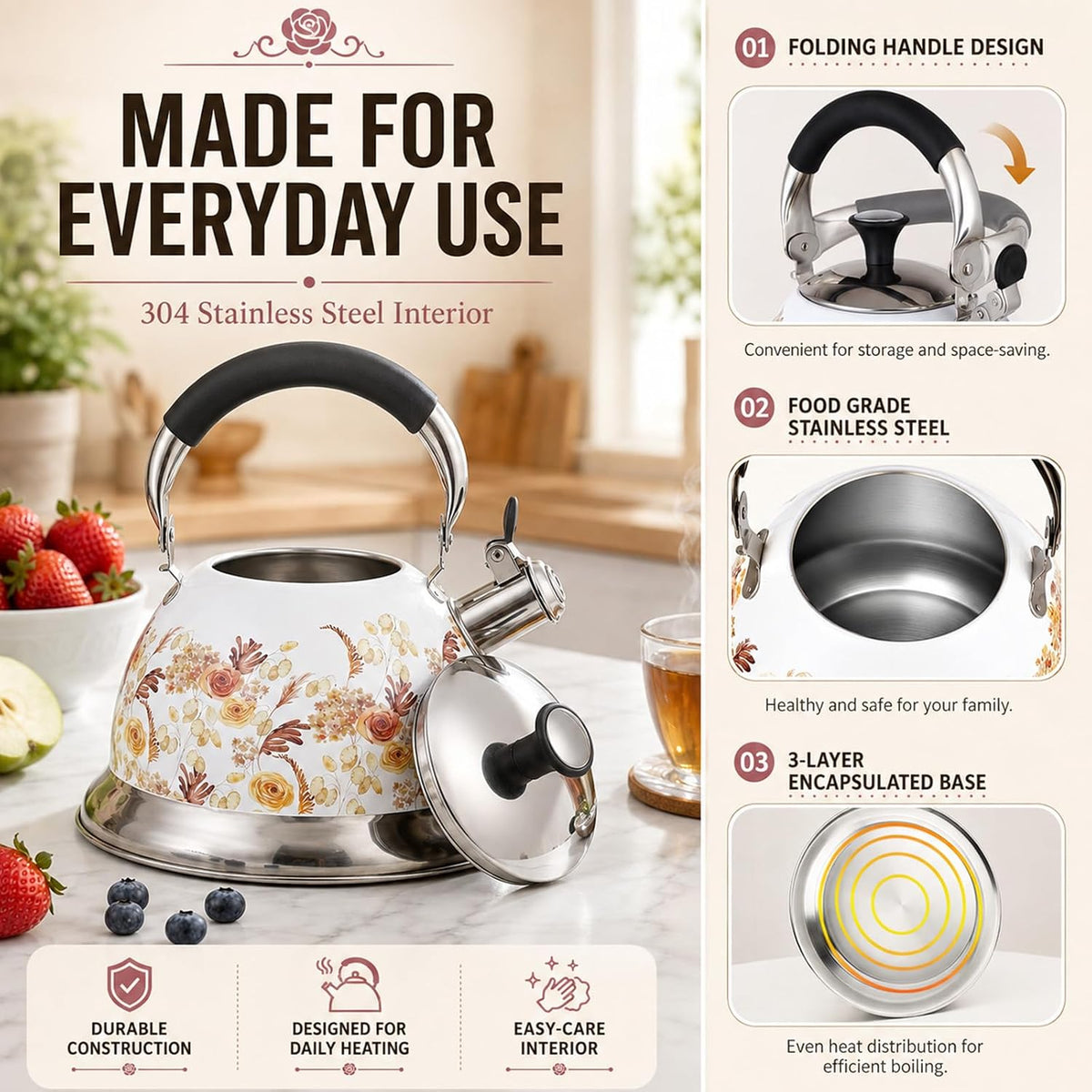 Tea Kettle, 3.1QT Floral Whistling Tea Kettle for Stovetop