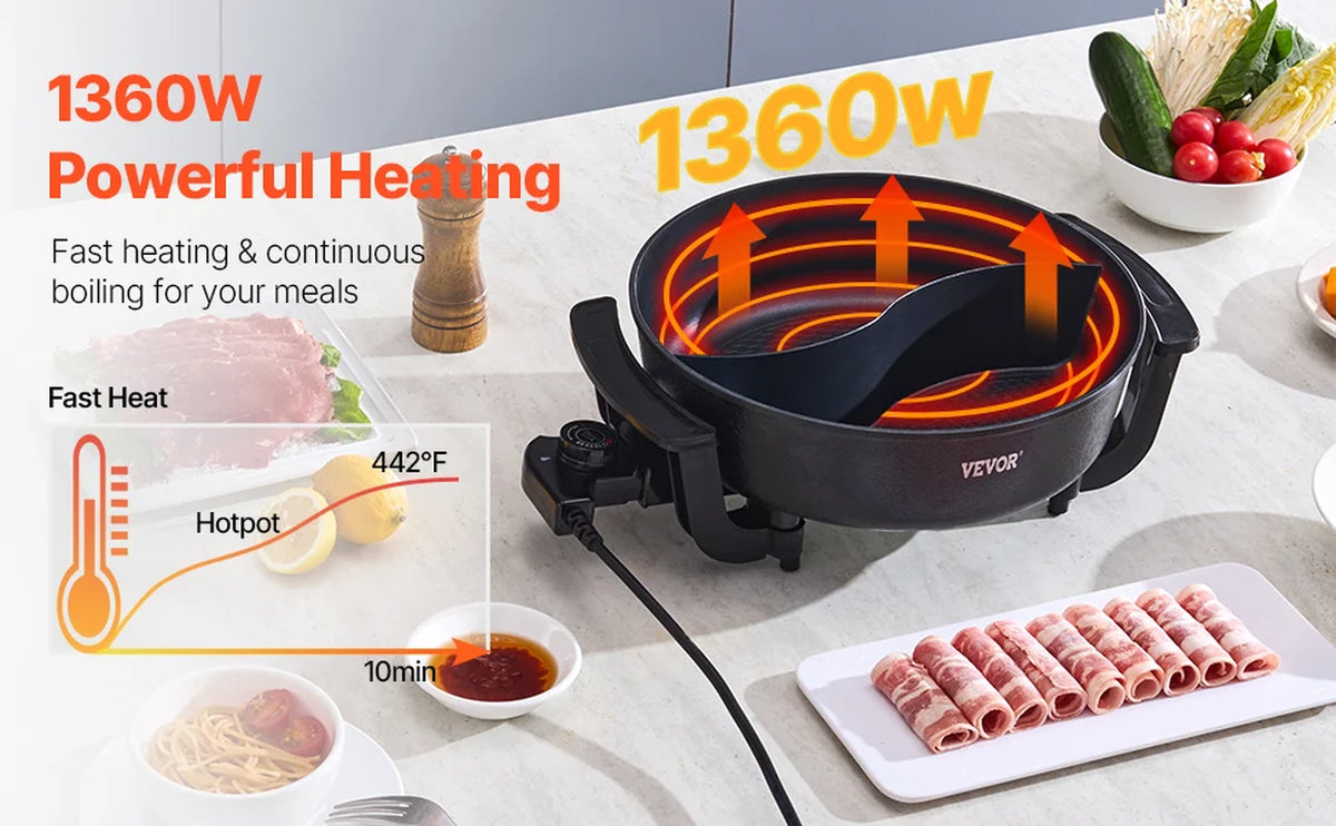 Succebuy Electric Hot Pot 5 L Double-Flavor Shabu Shabu Pot Non-Stick Electric Cooker with Divider Glass Lid for 6-10 People