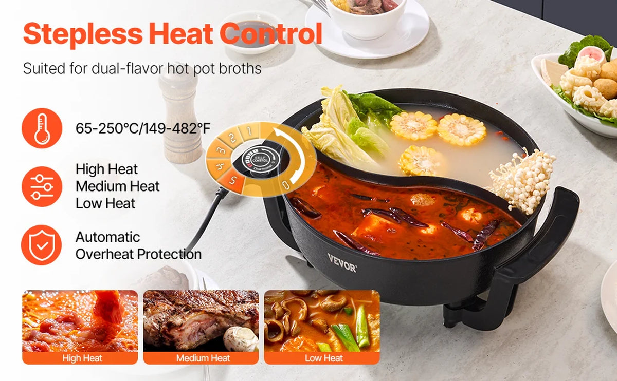 Succebuy Electric Hot Pot 5 L Double-Flavor Shabu Shabu Pot Non-Stick Electric Cooker with Divider Glass Lid for 6-10 People