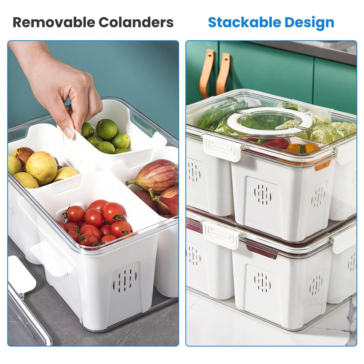 2Pack Airtight Fruit Storage Containers 4 Compartment Food Storage Containers Fruit Vegetable Organizers with 8 Removable Colanders for Fridge Picnic
