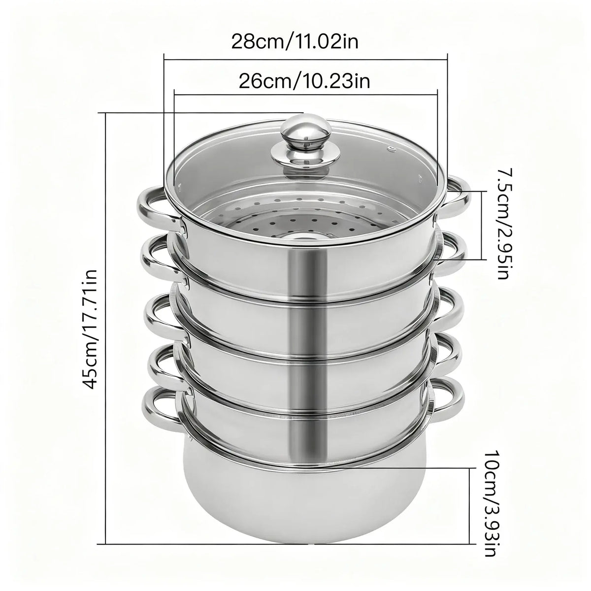 5-Tier Stainless Steel Steamer Cookware Cooking Pot Tier 4 Steaming Grids 1 Cooking Pot 28Cm/30Cm/26Cm Steamer Pot