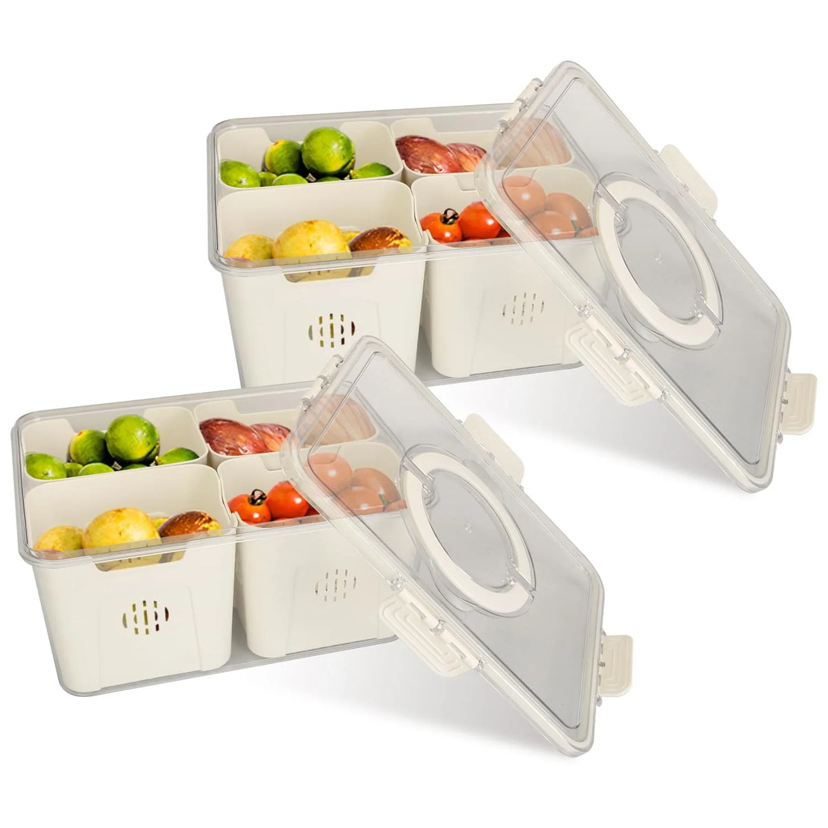 2Pack Airtight Fruit Storage Containers 4 Compartment Food Storage Containers Fruit Vegetable Organizers with 8 Removable Colanders for Fridge Picnic