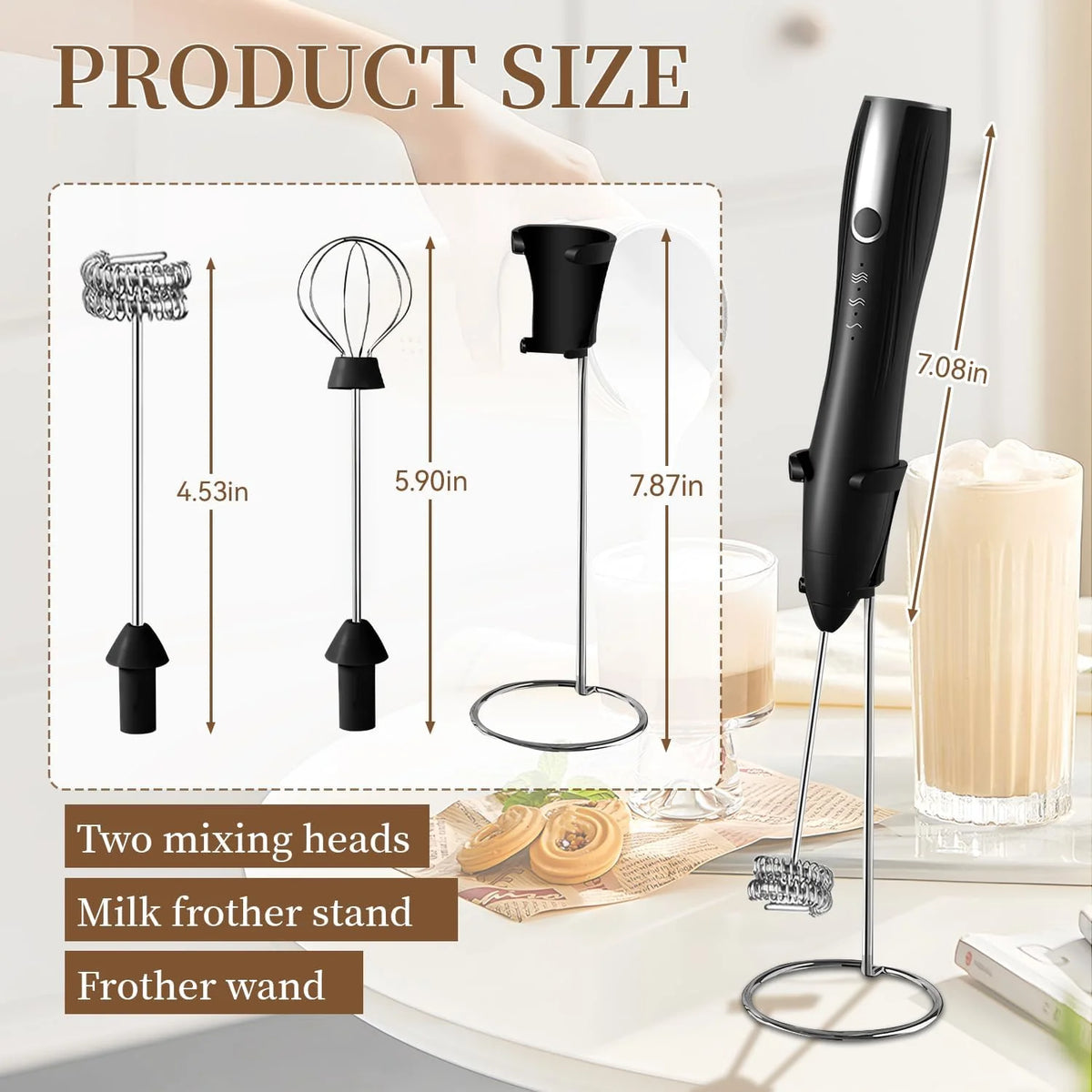 Rechargeable Handheld Milk Frother with 2 Whisk Heads & Stand, Black