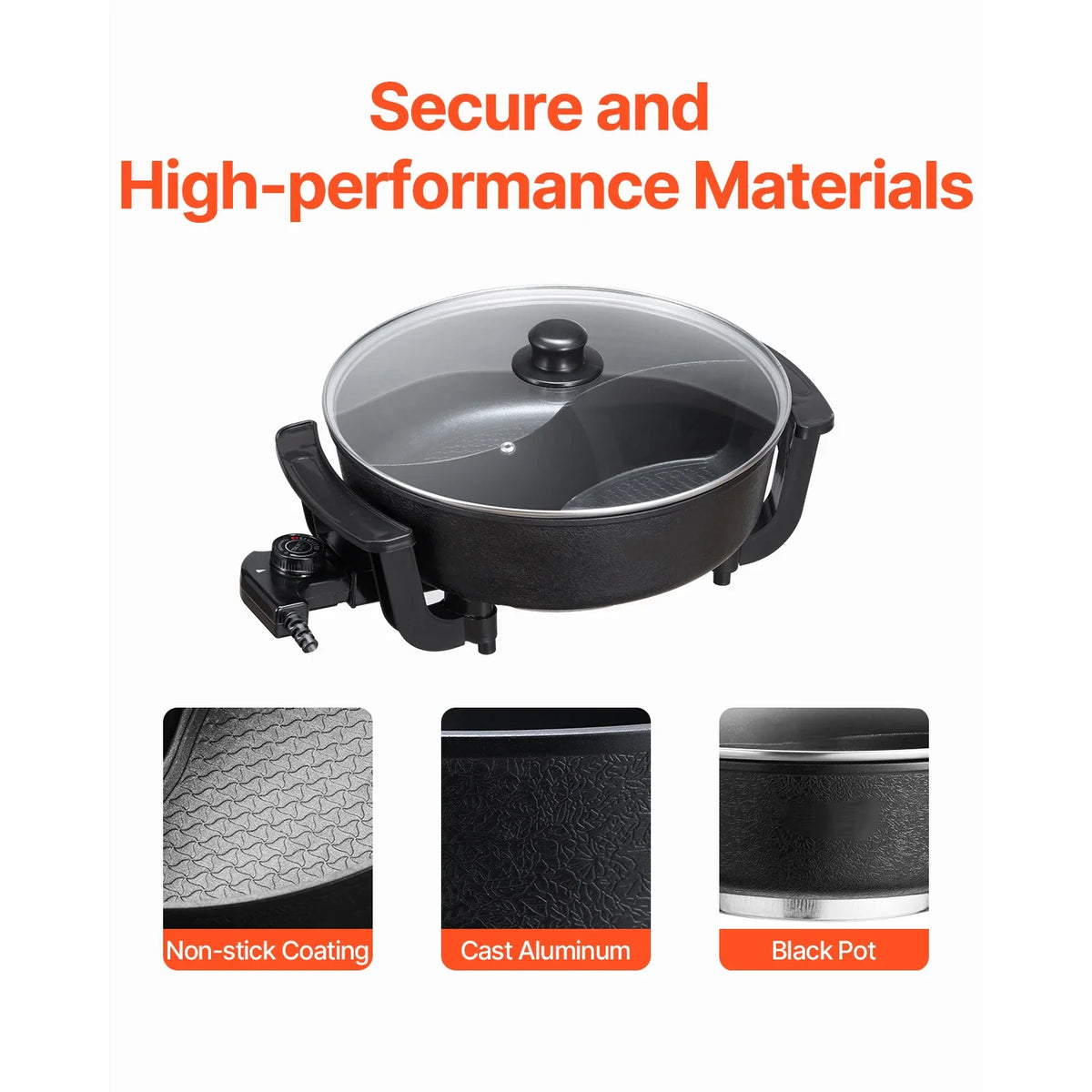Succebuy Electric Hot Pot 5 L Double-Flavor Shabu Shabu Pot Non-Stick Electric Cooker with Divider Glass Lid for 6-10 People