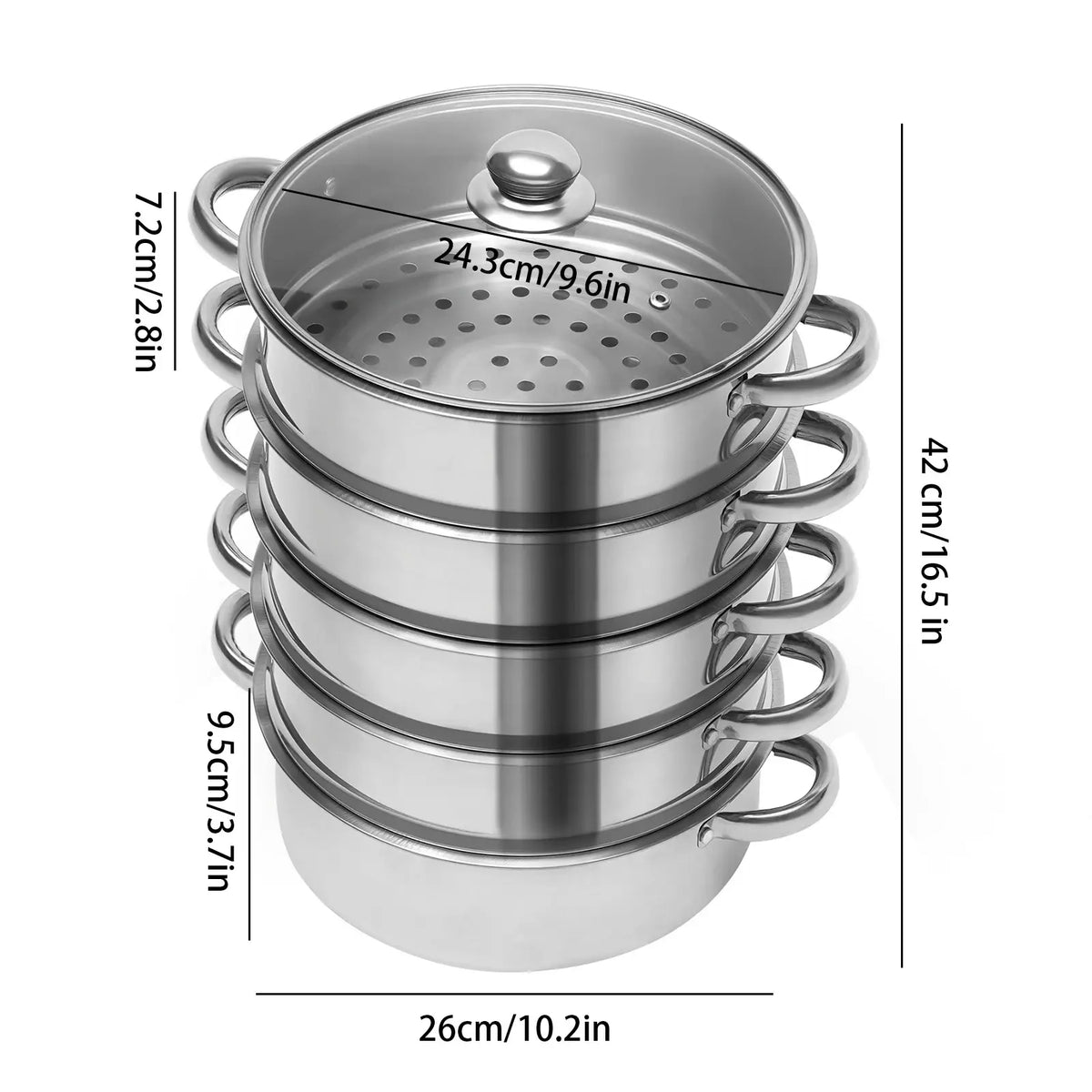 5-Tier Stainless Steel Steamer Cookware Cooking Pot Tier 4 Steaming Grids 1 Cooking Pot 28Cm/30Cm/26Cm Steamer Pot