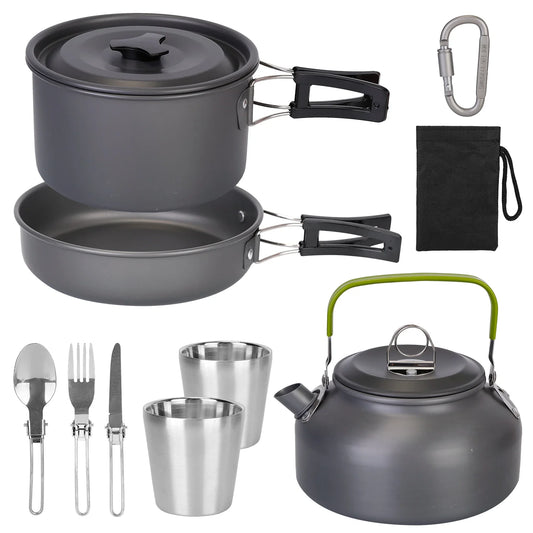 12Pcs Camping Cookware Set Aluminum Pot Pan Kettle Cup Fork Spoon Knife with Storage Bags for Hiking Picnic Outdoor