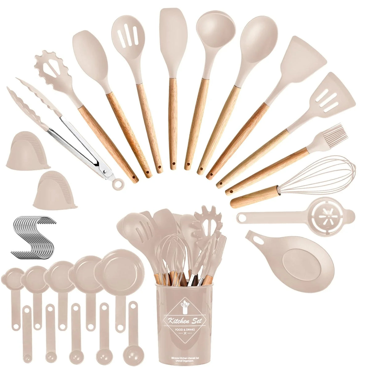 4 Colors Options -- Set of 35Pcs Kitchen Cooking Utensils Set Spatula Set Baking Utensil Set Kitchen Accessories Necessities with Holder Egg Whisk Separator Tong Turner Spoons Cups