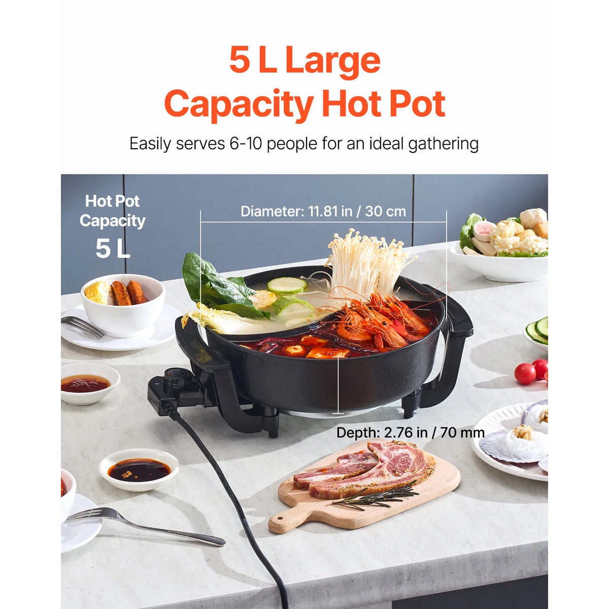 Succebuy Electric Hot Pot 5 L Double-Flavor Shabu Shabu Pot Non-Stick Electric Cooker with Divider Glass Lid for 6-10 People