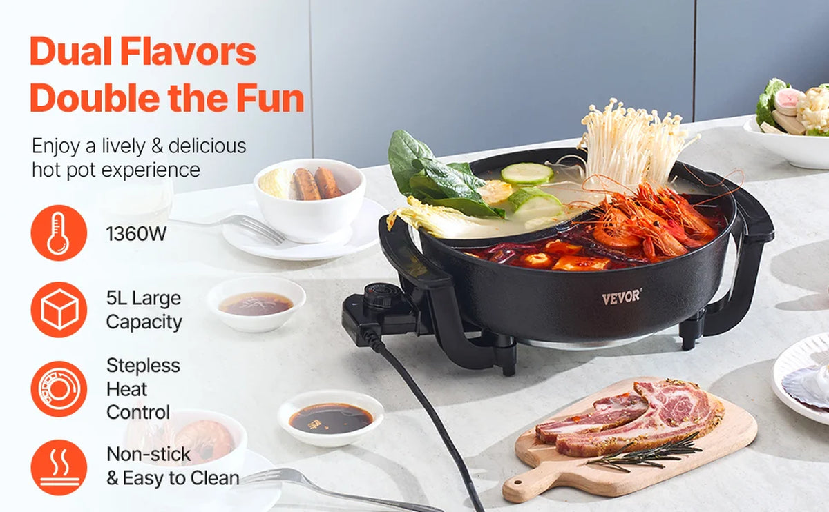 Succebuy Electric Hot Pot 5 L Double-Flavor Shabu Shabu Pot Non-Stick Electric Cooker with Divider Glass Lid for 6-10 People