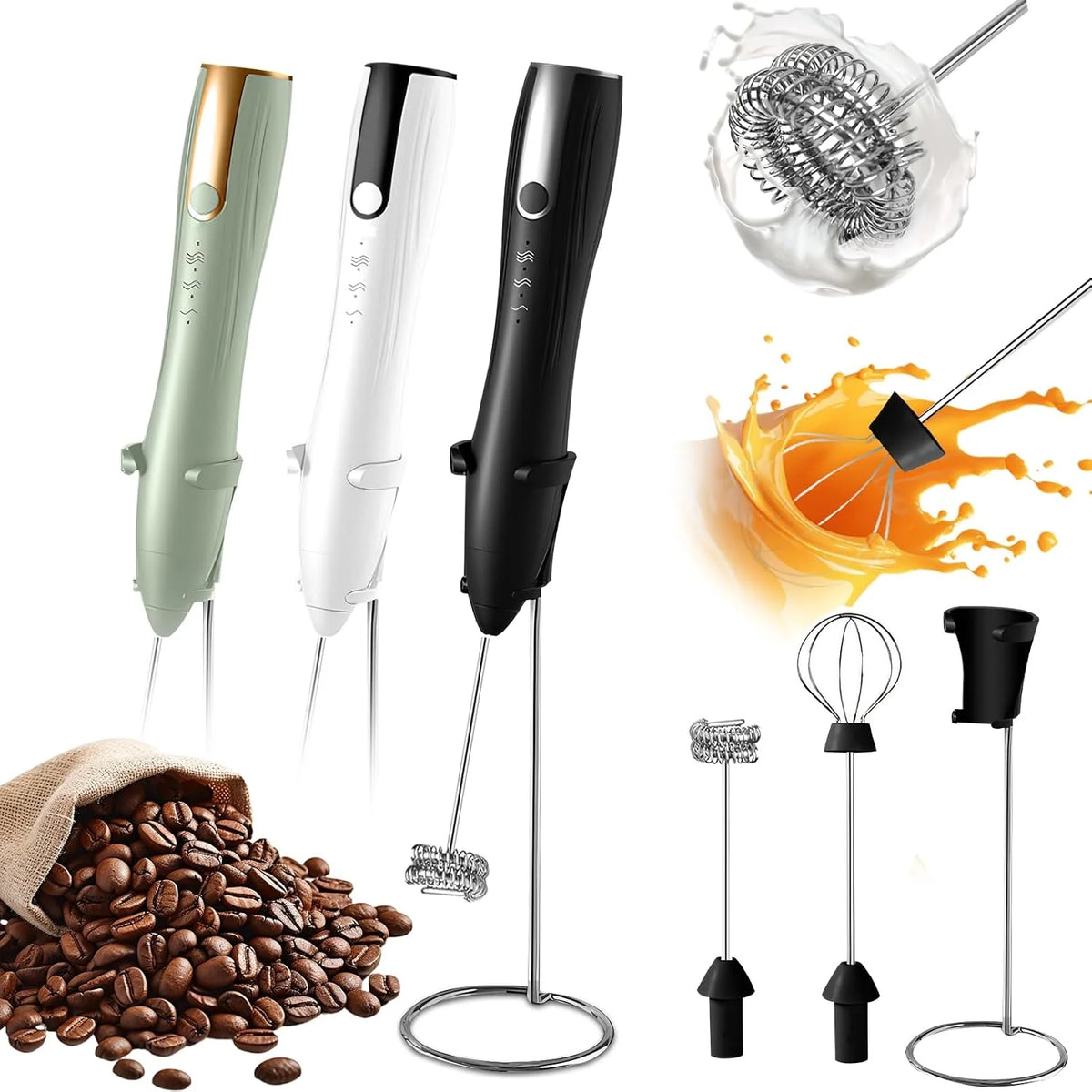 Rechargeable Handheld Milk Frother with 2 Whisk Heads & Stand, Black