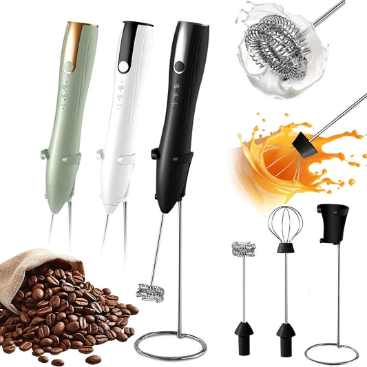 Rechargeable Handheld Milk Frother with 2 Whisk Heads & Stand, Black