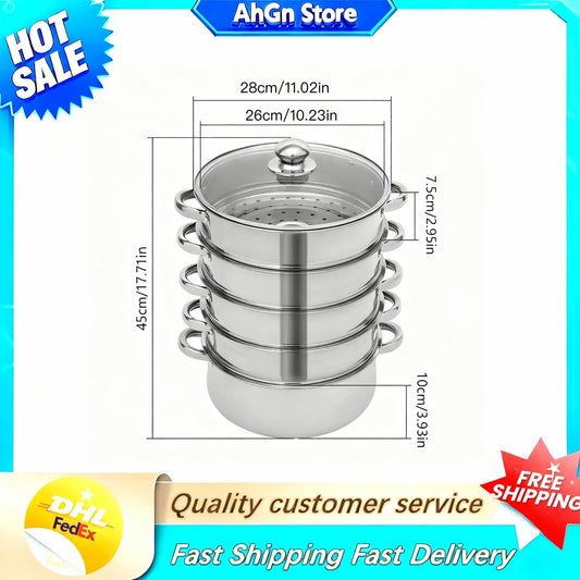 5-Tier Stainless Steel Steamer Cookware Cooking Pot Tier 4 Steaming Grids 1 Cooking Pot 28Cm/30Cm/26Cm Steamer Pot