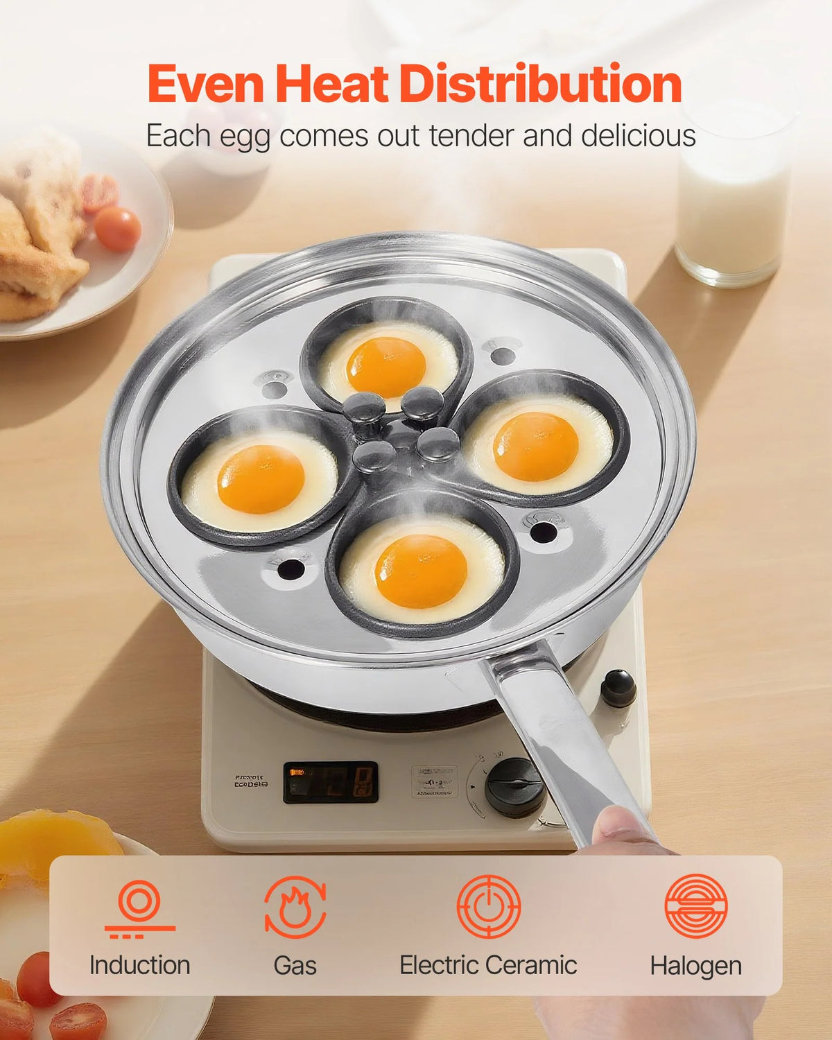 Egg Poacher Pan, 4-Cup Poached Egg Maker, Stainless Steel Poaching Pan and Frying Skillet, with 4 Nonsitck Detachable Large Cups, Lid, and Silicone Spatula, Compatible with Induction Stovetop