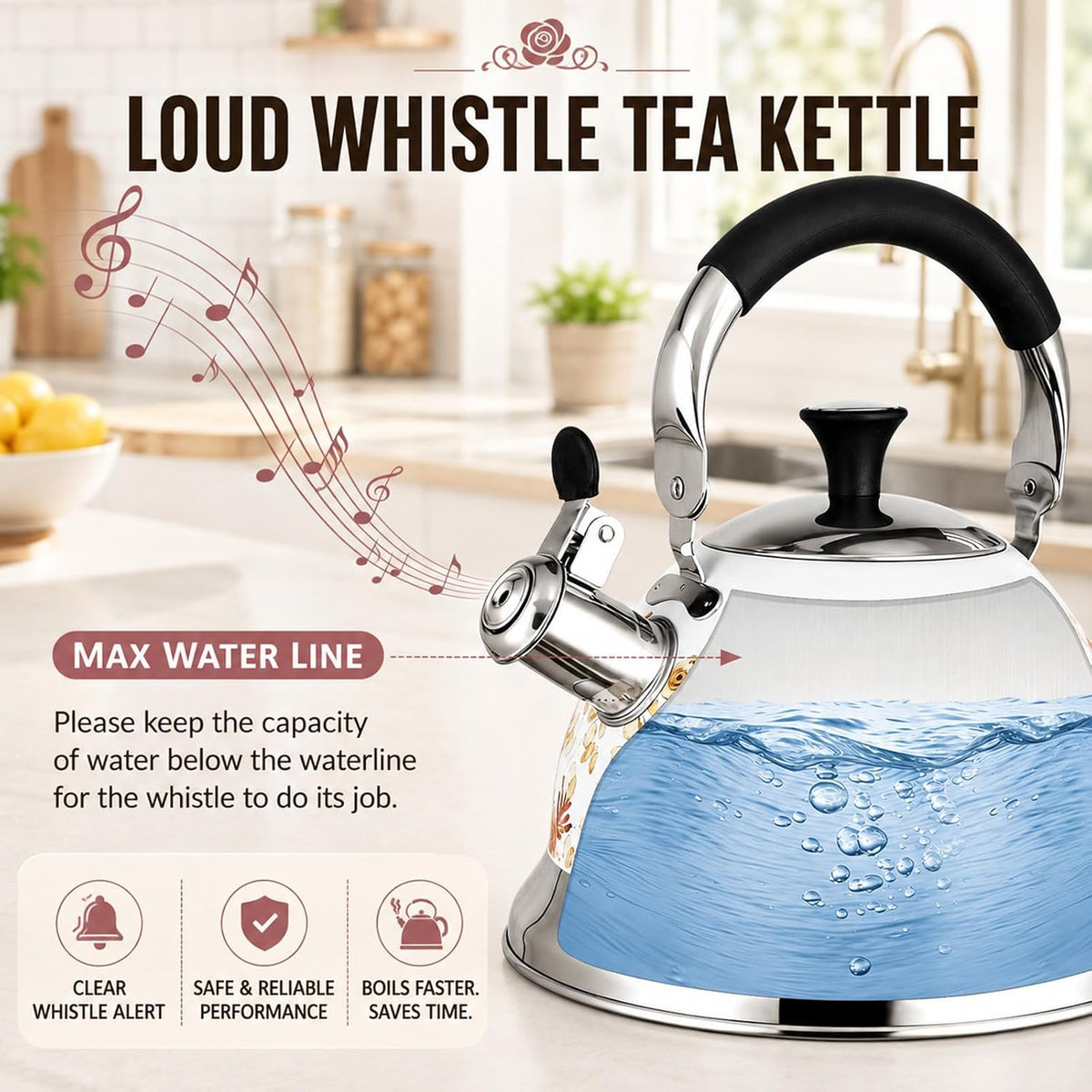 Tea Kettle, 3.1QT Floral Whistling Tea Kettle for Stovetop