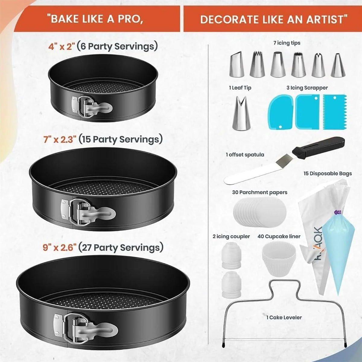 100Pcs Cake Pan Sets for Baking + Cake Decorating Supplies: 3 Non-Stick Springform Pans Set (4, 7, 9 Inches), Icing Tips, Cake Leveler – Multi-Functional Leak-Proof Cheesecake Pan & Ebook