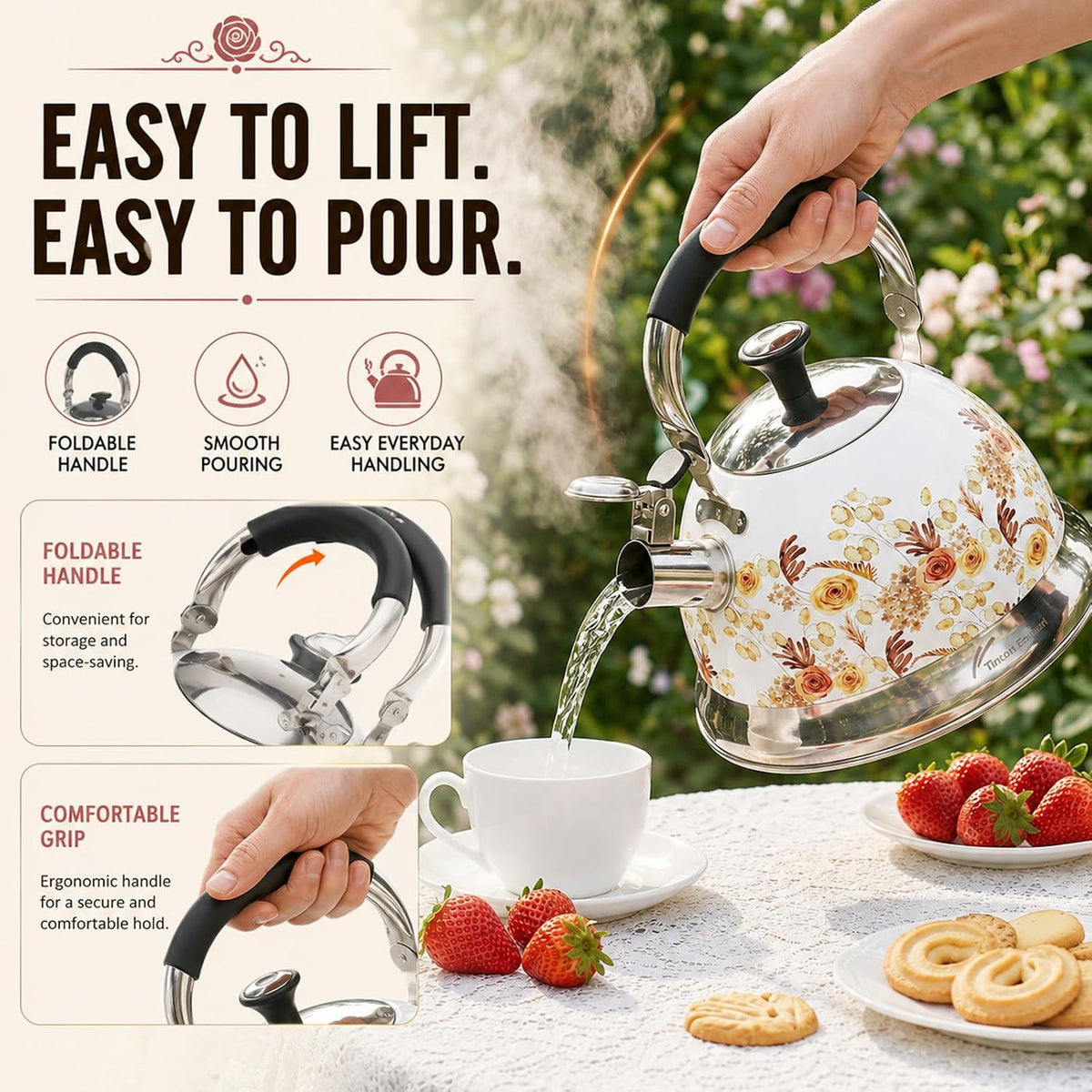 Tea Kettle, 3.1QT Floral Whistling Tea Kettle for Stovetop