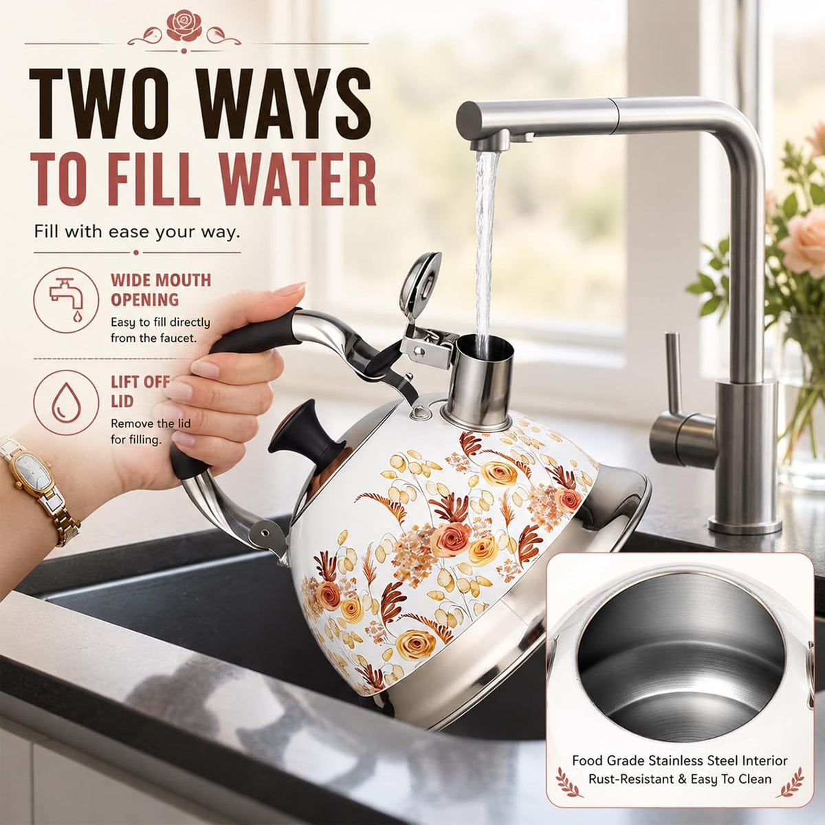 Tea Kettle, 3.1QT Floral Whistling Tea Kettle for Stovetop