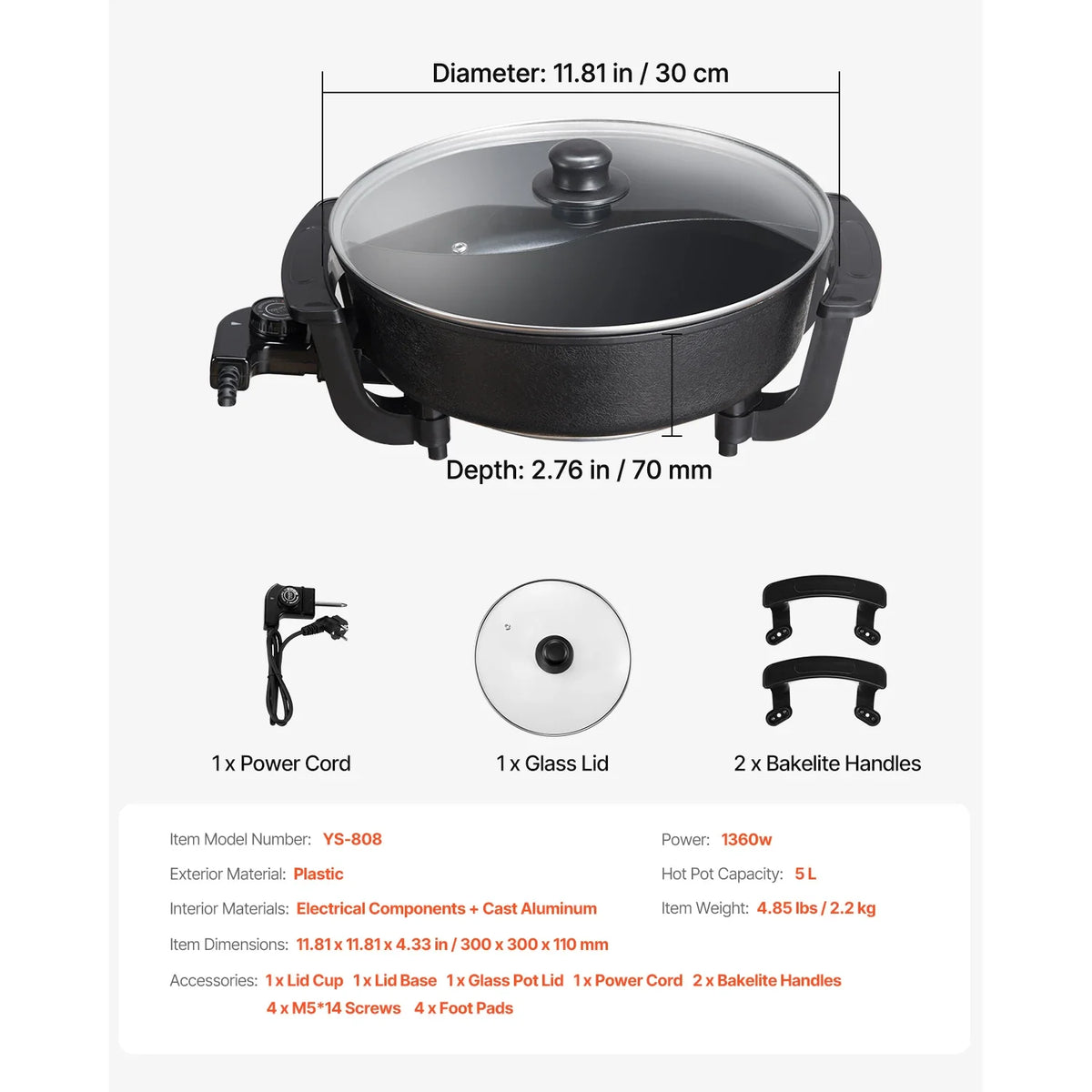 Succebuy Electric Hot Pot 5 L Double-Flavor Shabu Shabu Pot Non-Stick Electric Cooker with Divider Glass Lid for 6-10 People
