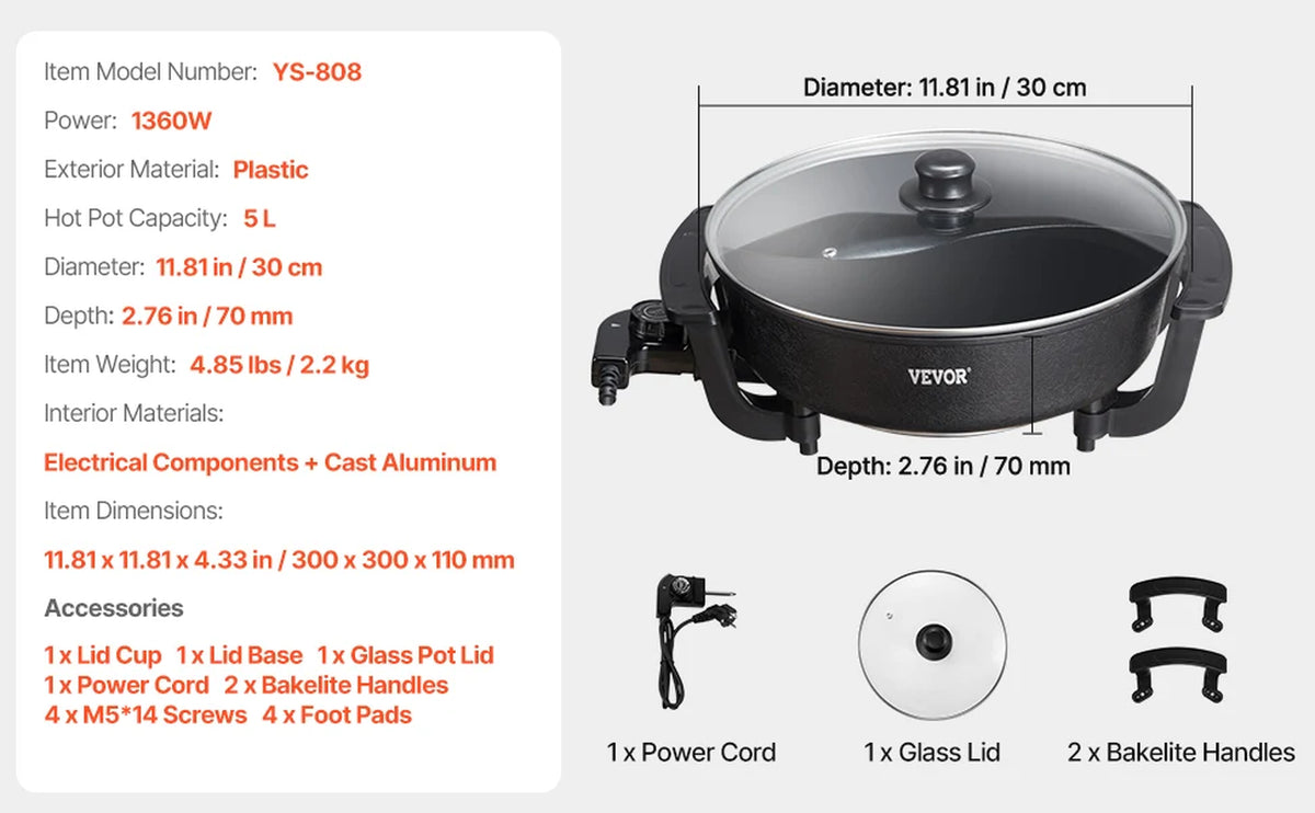 Succebuy Electric Hot Pot 5 L Double-Flavor Shabu Shabu Pot Non-Stick Electric Cooker with Divider Glass Lid for 6-10 People