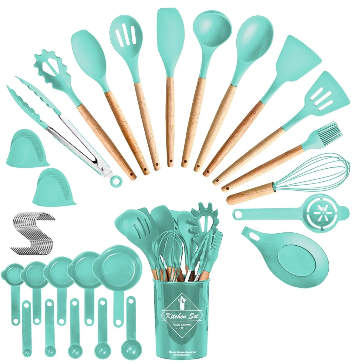 4 Colors Options -- Set of 35Pcs Kitchen Cooking Utensils Set Spatula Set Baking Utensil Set Kitchen Accessories Necessities with Holder Egg Whisk Separator Tong Turner Spoons Cups