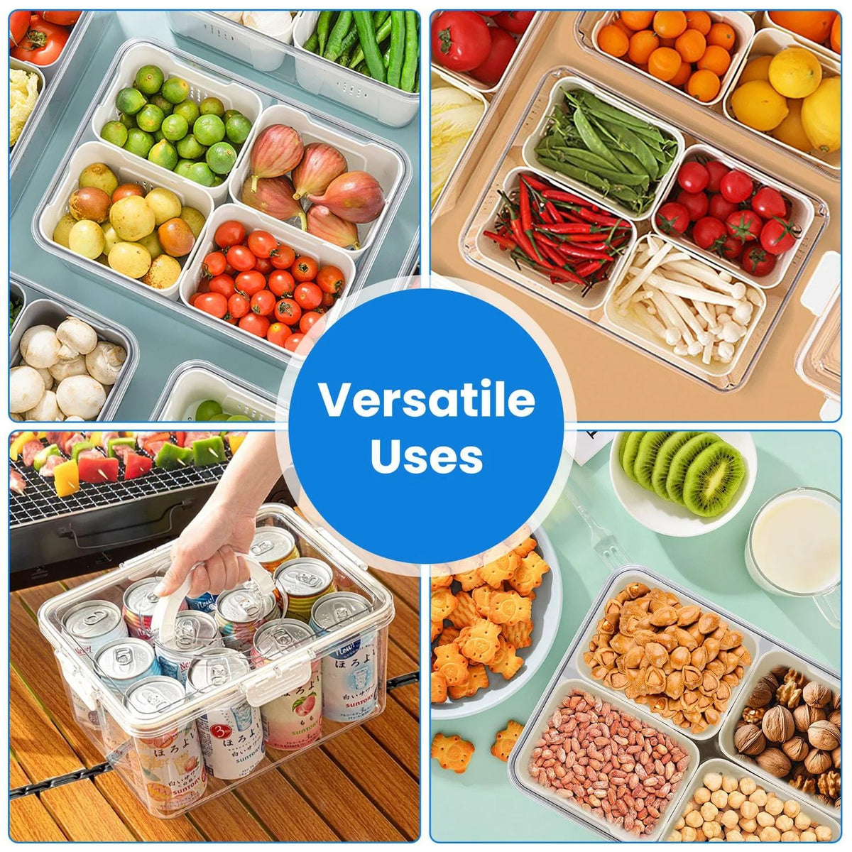 2Pack Airtight Fruit Storage Containers 4 Compartment Food Storage Containers Fruit Vegetable Organizers with 8 Removable Colanders for Fridge Picnic