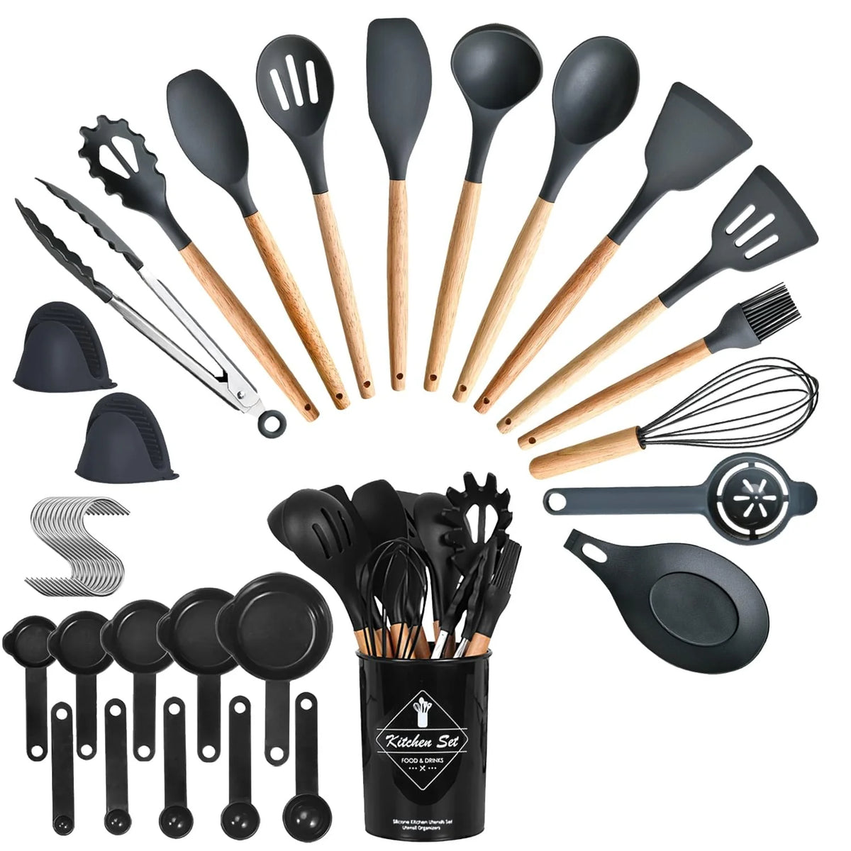 4 Colors Options -- Set of 35Pcs Kitchen Cooking Utensils Set Spatula Set Baking Utensil Set Kitchen Accessories Necessities with Holder Egg Whisk Separator Tong Turner Spoons Cups