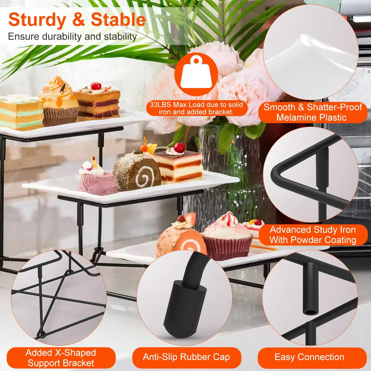 1Pc 3Tier Plastic Serving Tray Dessert Server Display Serving Stand Dinnerware with 3 Rectangular Plastic Serving Platters Metal Stand for Entertaining Fruit Dessert Veggie Cookies Party