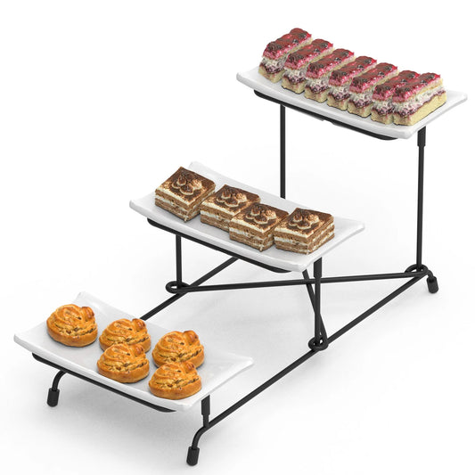 1Pc 3Tier Plastic Serving Tray Dessert Server Display Serving Stand Dinnerware with 3 Rectangular Plastic Serving Platters Metal Stand for Entertaining Fruit Dessert Veggie Cookies Party