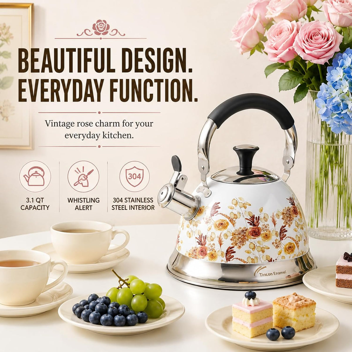 Tea Kettle, 3.1QT Floral Whistling Tea Kettle for Stovetop