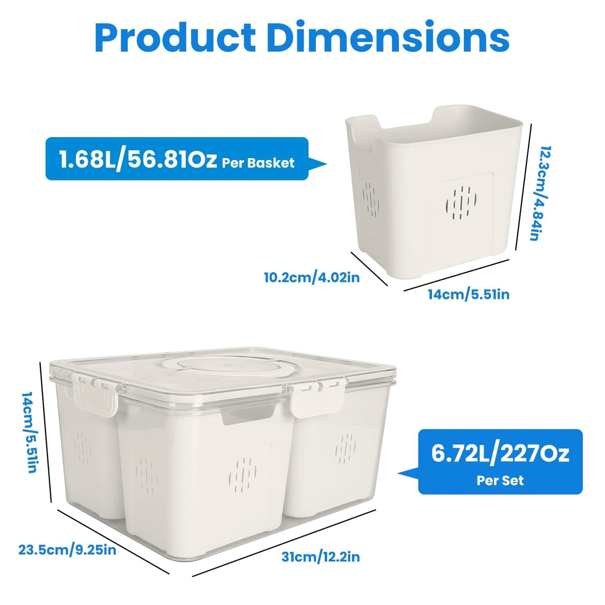 2Pack Airtight Fruit Storage Containers 4 Compartment Food Storage Containers Fruit Vegetable Organizers with 8 Removable Colanders for Fridge Picnic