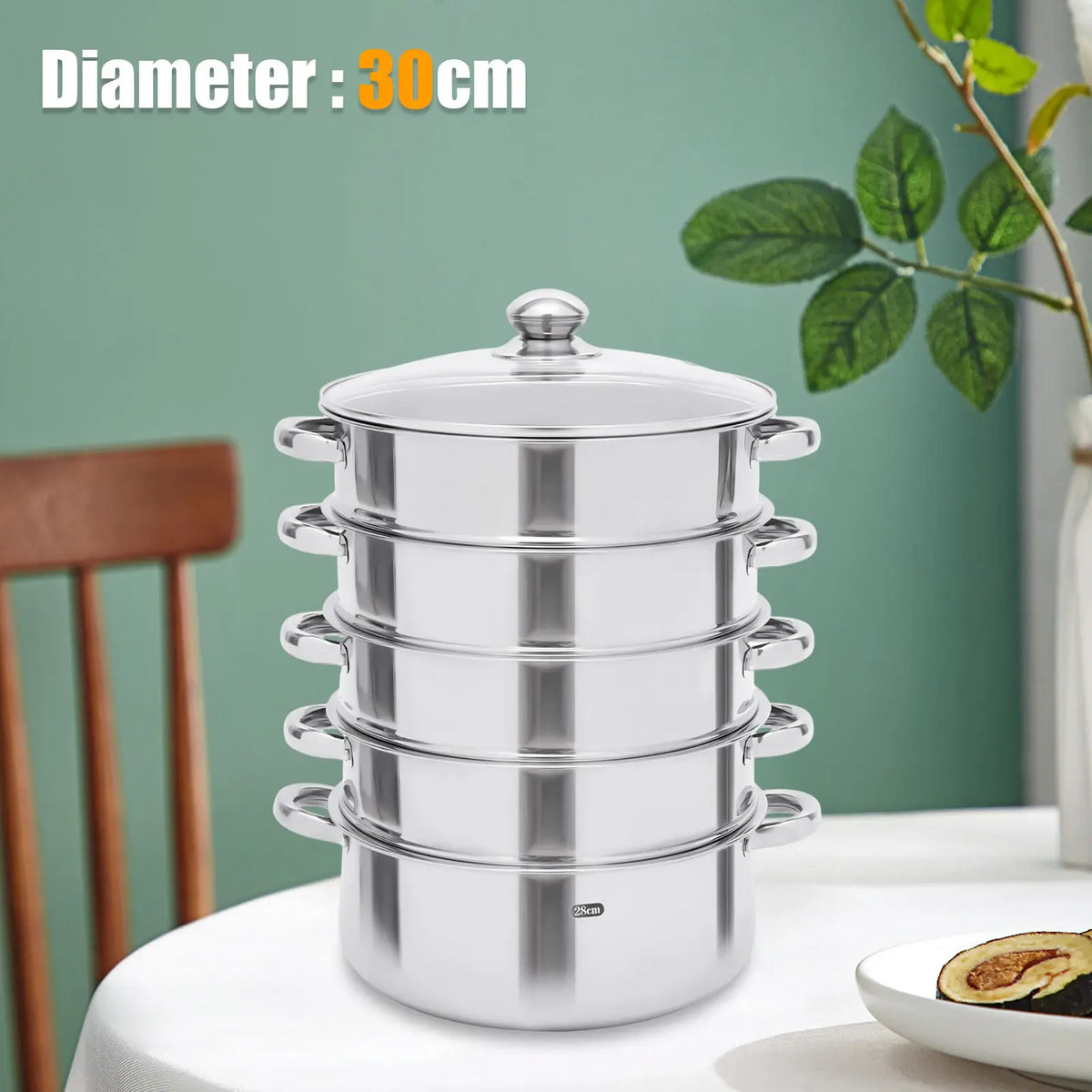 5-Tier Stainless Steel Steamer Cookware Cooking Pot Tier 4 Steaming Grids 1 Cooking Pot 28Cm/30Cm/26Cm Steamer Pot
