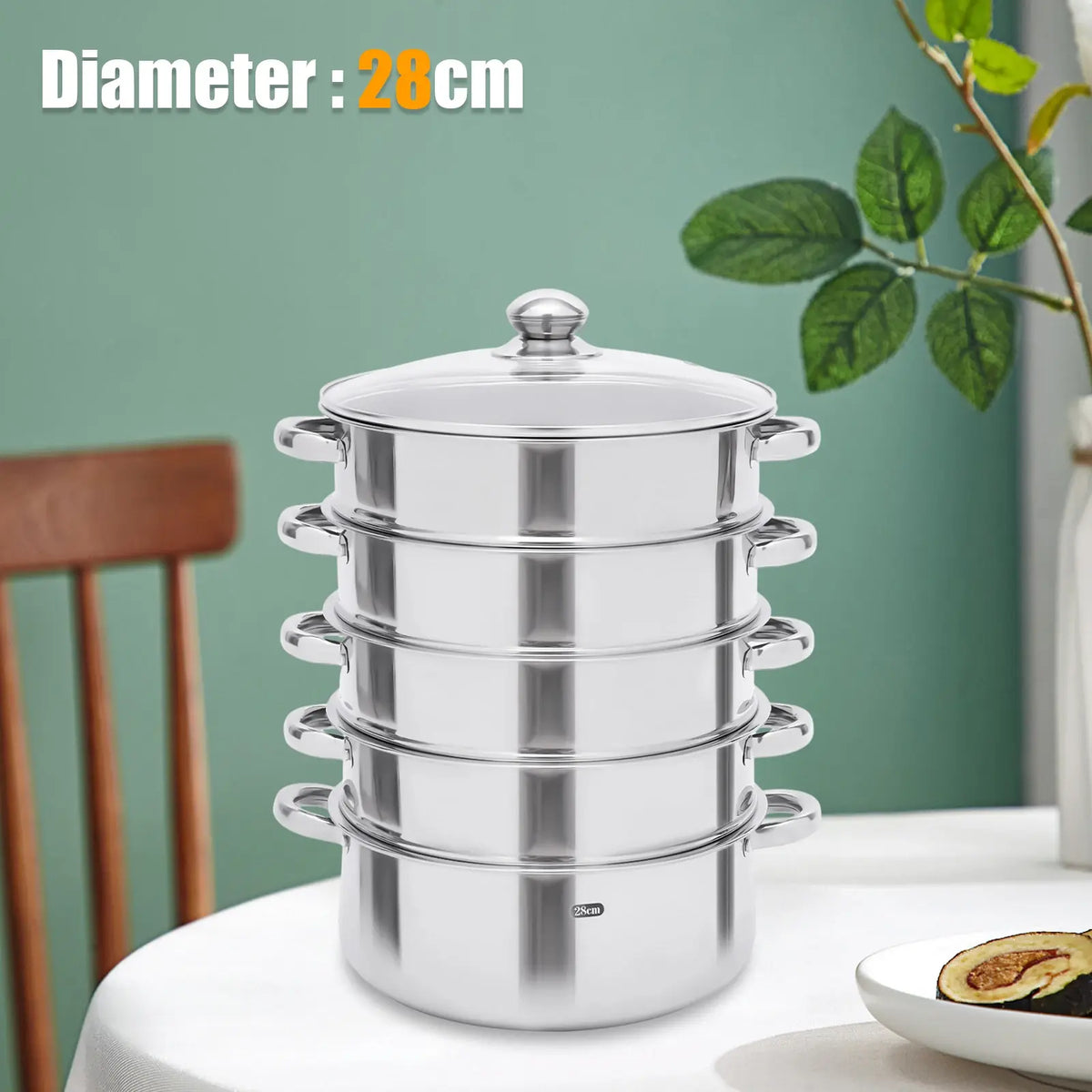 5-Tier Stainless Steel Steamer Cookware Cooking Pot Tier 4 Steaming Grids 1 Cooking Pot 28Cm/30Cm/26Cm Steamer Pot