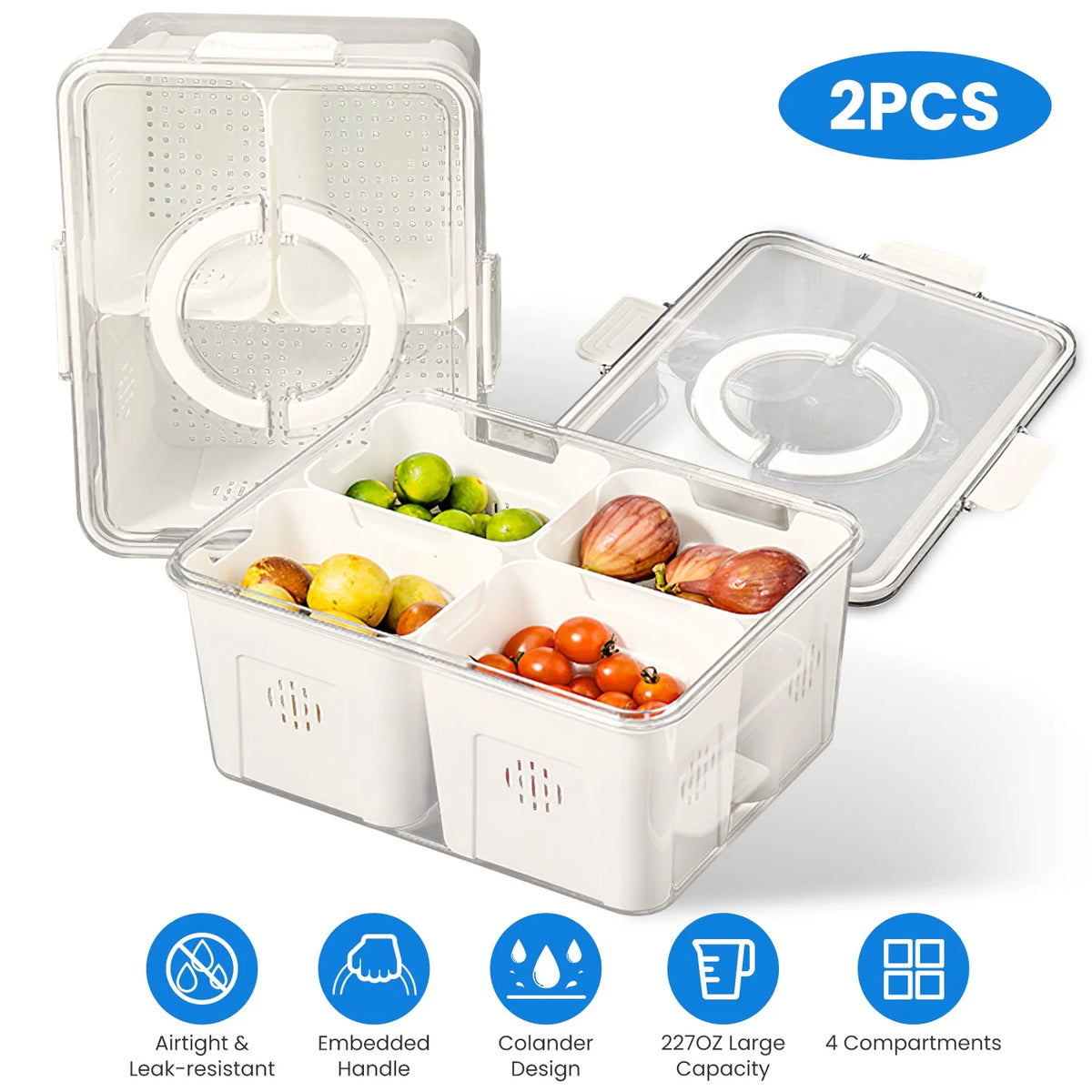 2Pack Airtight Fruit Storage Containers 4 Compartment Food Storage Containers Fruit Vegetable Organizers with 8 Removable Colanders for Fridge Picnic