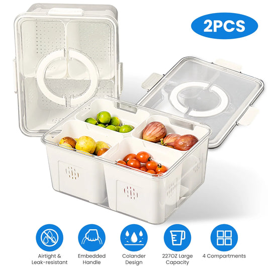 2Pack Airtight Fruit Storage Containers 4 Compartment Food Storage Containers Fruit Vegetable Organizers with 8 Removable Colanders for Fridge Picnic