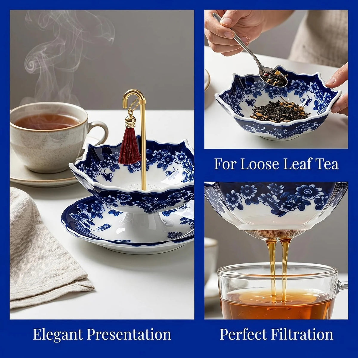 Umbrella Tea Strainer Umbrella Shape Ceramic Tea Infuser Blue