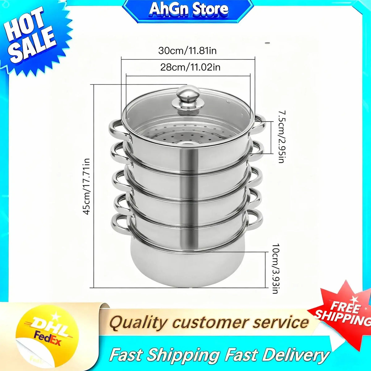 5-Tier Stainless Steel Steamer Cookware Cooking Pot Tier 4 Steaming Grids 1 Cooking Pot 28Cm/30Cm/26Cm Steamer Pot