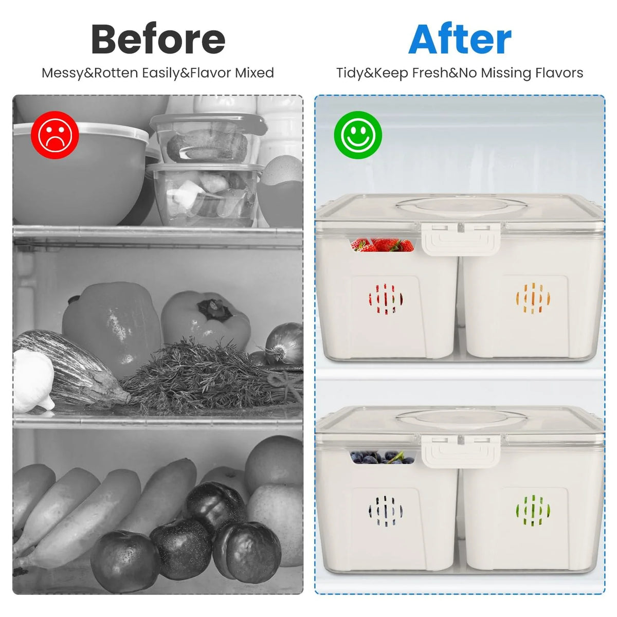 2Pack Airtight Fruit Storage Containers 4 Compartment Food Storage Containers Fruit Vegetable Organizers with 8 Removable Colanders for Fridge Picnic