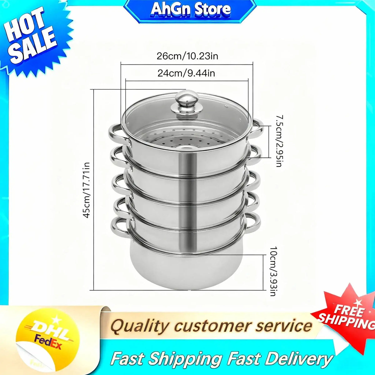 5-Tier Stainless Steel Steamer Cookware Cooking Pot Tier 4 Steaming Grids 1 Cooking Pot 28Cm/30Cm/26Cm Steamer Pot