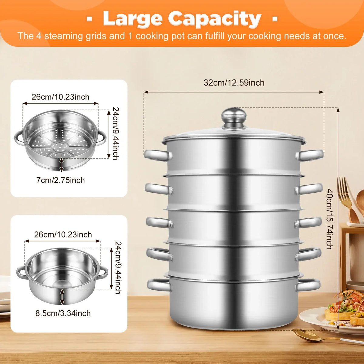5-Tier Stainless Steel Steamer Cookware Cooking Pot Tier 4 Steaming Grids 1 Cooking Pot 28Cm/30Cm/26Cm Steamer Pot