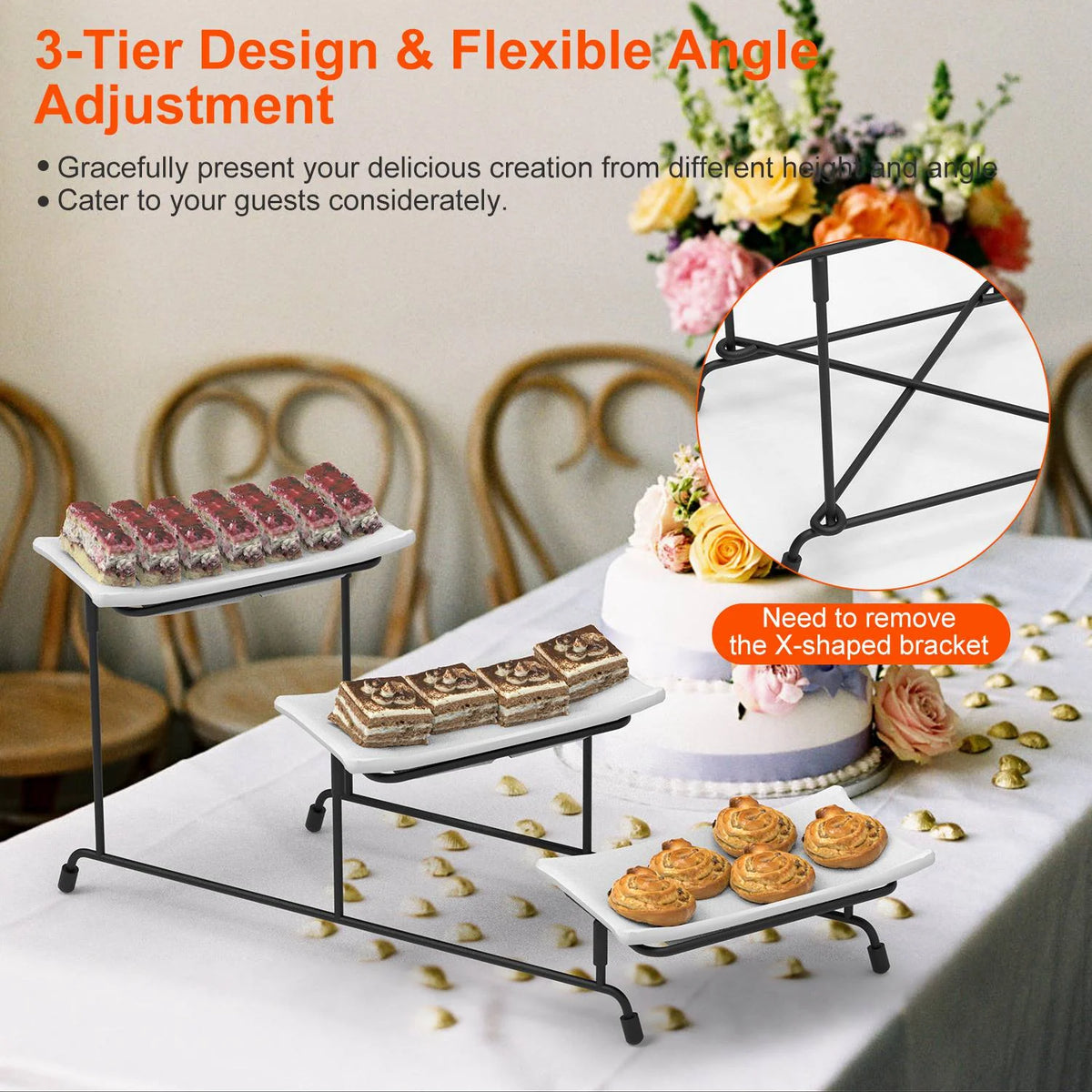 1Pc 3Tier Plastic Serving Tray Dessert Server Display Serving Stand Dinnerware with 3 Rectangular Plastic Serving Platters Metal Stand for Entertaining Fruit Dessert Veggie Cookies Party