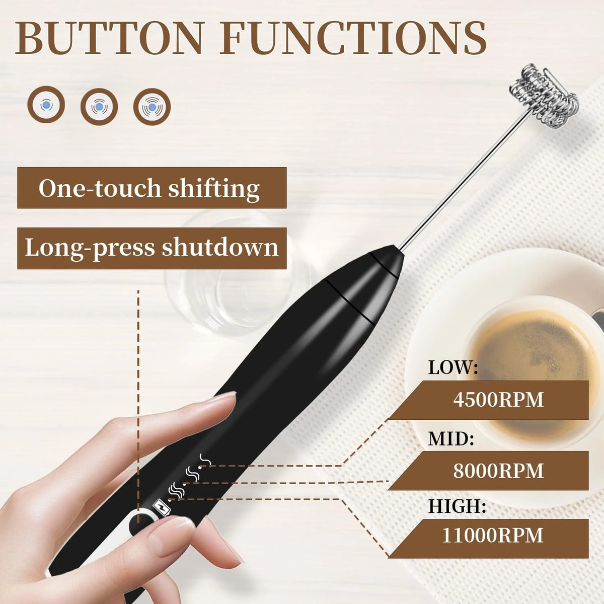 Rechargeable Handheld Milk Frother with 2 Whisk Heads & Stand, Black