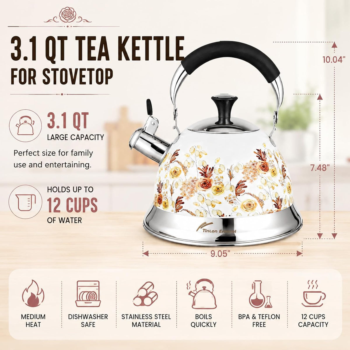 Tea Kettle, 3.1QT Floral Whistling Tea Kettle for Stovetop